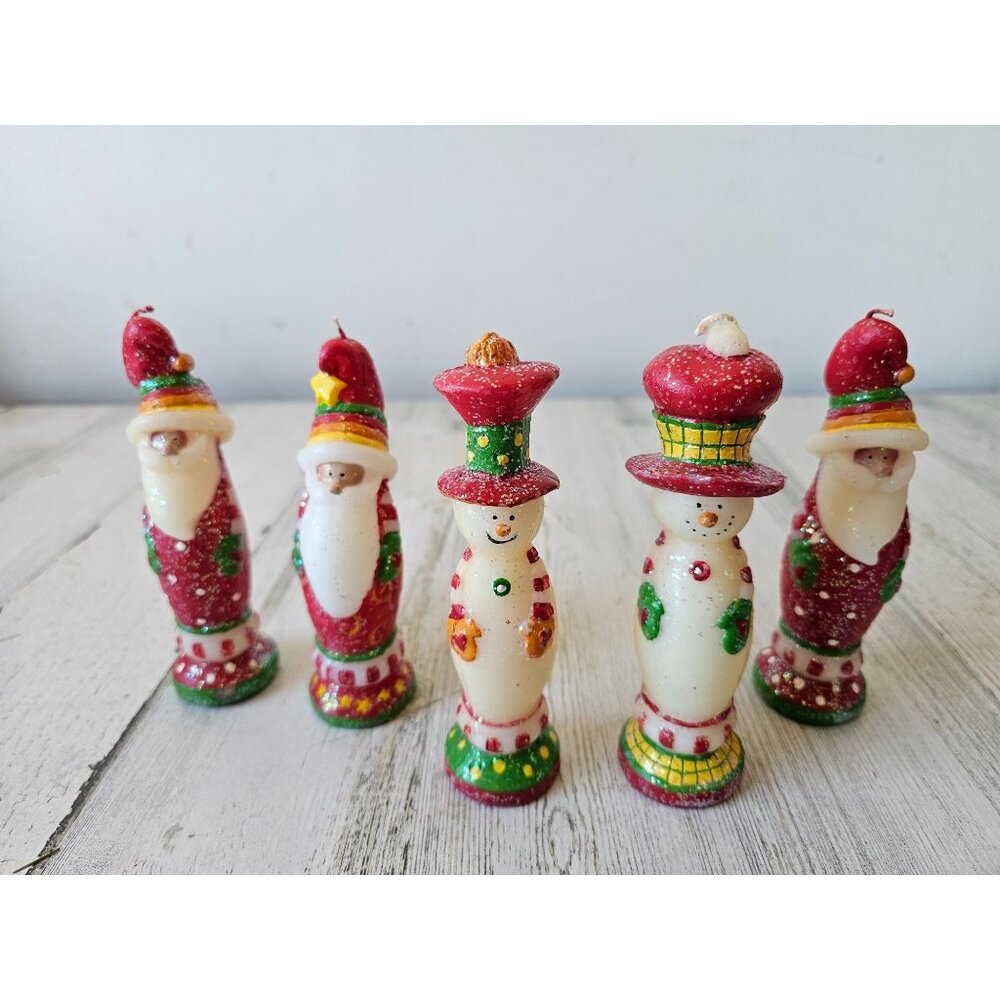 Vintage snowman glitter‎ candle Xmas decor set red white green